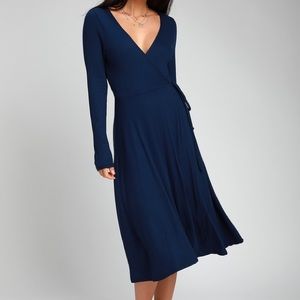 Lulus Ribbed Long Sleeve Midi Wrap Dress